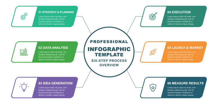 Six Step Horizontal Parallelogram Mind Map Infographic Diagram with Angled Process Cards Outline Icons and Central Hub for Strategic Planning