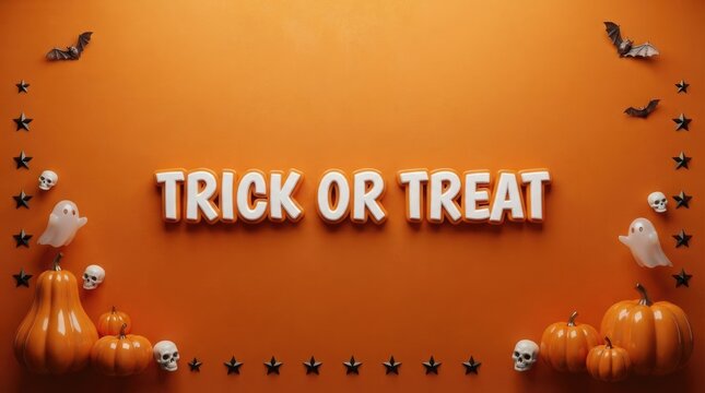 Trick or treat halloween banner with pumpkins and bats