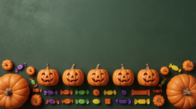 Smiling carved jack o lanterns on a shelf with candles