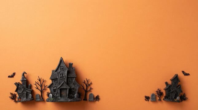 Miniature haunted houses with bats on orange background