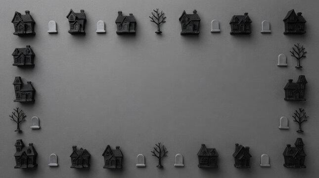 Vintage halloween house icons with trees and lanterns set