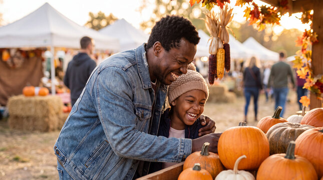 Cheerful Black father and daughter laughing at an autumn harvest festival pumpkin stall, great for seasonal community event promotions.