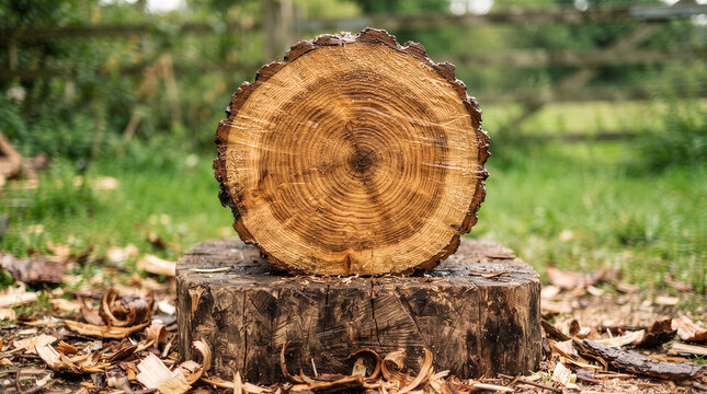 Cross section of a freshly cut tree log showing growth rings, resting on a wooden stump in a natural outdoor setting