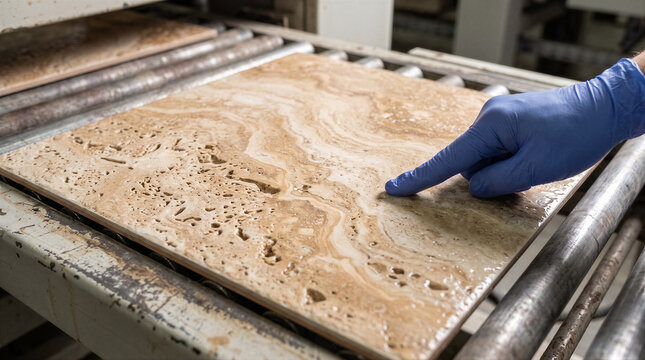 Closeup of a worker in blue gloves inspecting a textured travertine stone tile on a factory conveyor belt production line