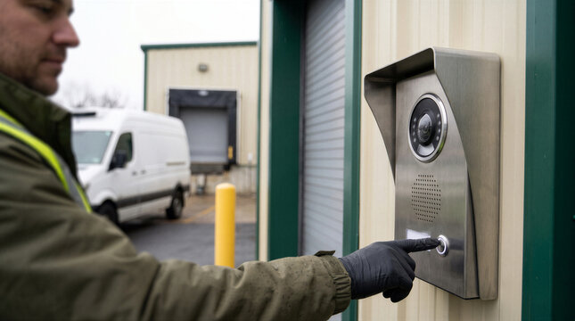Delivery driver wearing gloves pressing the button on an industrial intercom system at a warehouse facility