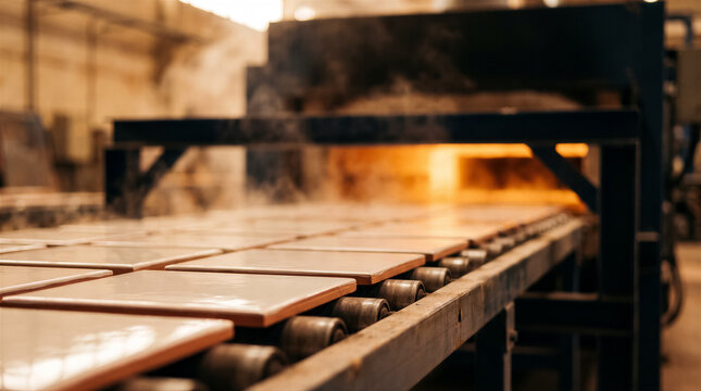 Ceramic tiles moving on a conveyor belt through an industrial kiln in a manufacturing factory