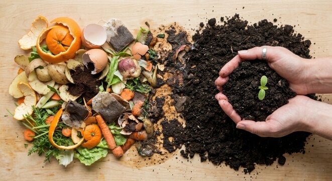 Sustainable gardening and composting concept showing organic kitchen food waste and scraps transforming into nutrient rich black soil with hands holding a new green sprout on wooden background.