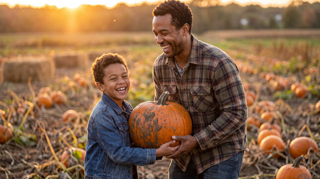 Laughing mixed-race father and son carrying pumpkins together in a harvest field, ideal for autumn family and Thanksgiving visuals.