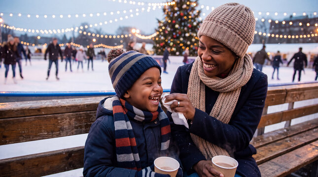 Warm Black mother and son laughing while drinking hot chocolate at a Christmas ice rink, perfect for winter holiday family activity visuals.