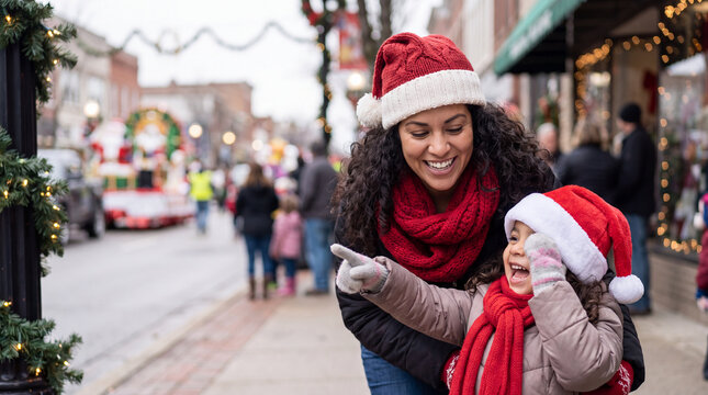 Happy Hispanic mother and daughter in Santa hats laughing while watching a Christmas parade, perfect for seasonal street celebration visuals.