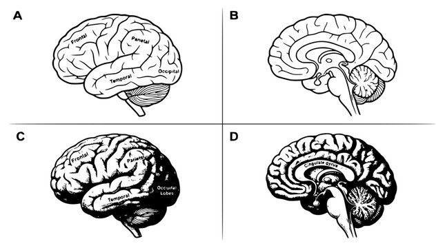 Four brain illustrations in grid set with simple line art design featuring sketches, drawings, vector graphics with minimalist and simple illustrations