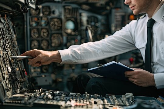 Pilot's hand pointing at complex aircraft controls, holding clipboard