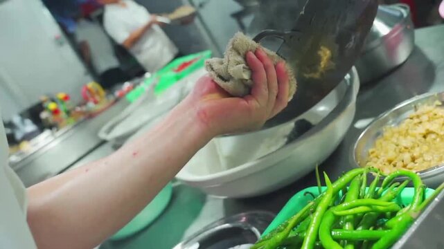 Chef stir-frying fish in a wok with garlic and chili in a commercial kitchen