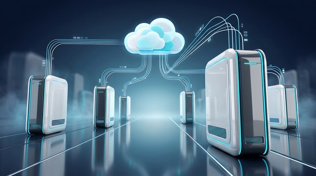 Abstract digital representation of cloud computing network architecture with glowing data server towers and interconnected lines conveying information flow in modern cyberspace environment render
