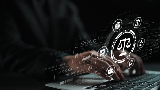 Modern Technology and Legal Concept with Scales of Justice and Digital Icons Representing Law and Governance on a Laptop Screen. Entropy.