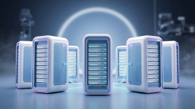 Modern server rack cabinets arranged in circular formation connected by glowing digital data streams representing centralized cloud computing and efficient data management
