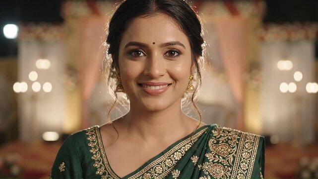 Young Indian woman in green saree revealing henna hands and smiling