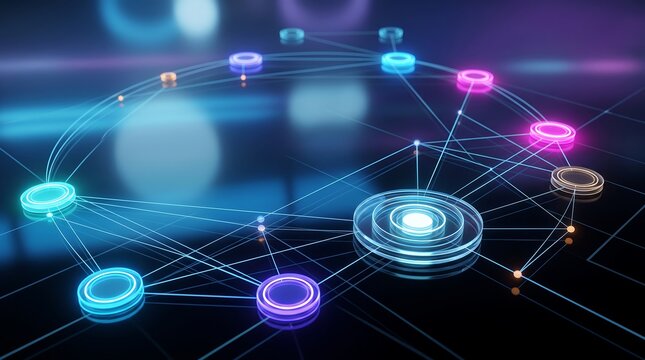 Network node connectivity map with glowing colorful circles and interconnected lines on dark grid background representing web traffic flow and complex digital information exchange systems