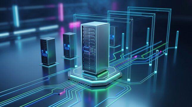 Single metallic server tower standing on a glowing circuit board platform surrounded by holographic light frames in a dark high tech data center 3d rendering