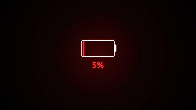Multiple low battery icons showing five percent charge in red glow