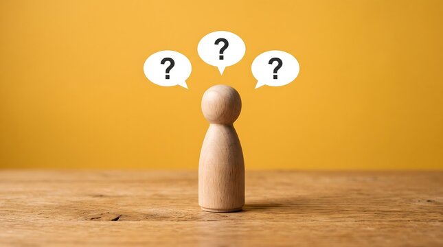 Wooden peg figure with three speech bubbles containing question marks symbolizing confusion doubt or unanswered questions against a yellow background