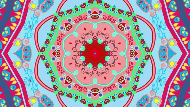 Vibrant colorful mandala pattern animation with symmetrical floral and geometric motifs rotating slowly