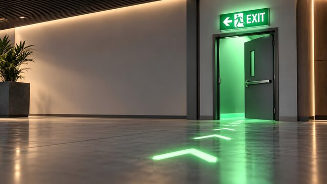 Emergency Exit Door With Glowing Green Directional Floor Arrows In Office Hallway