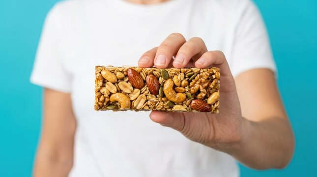 Person holding a healthy nut and seed granola bar against a solid blue background