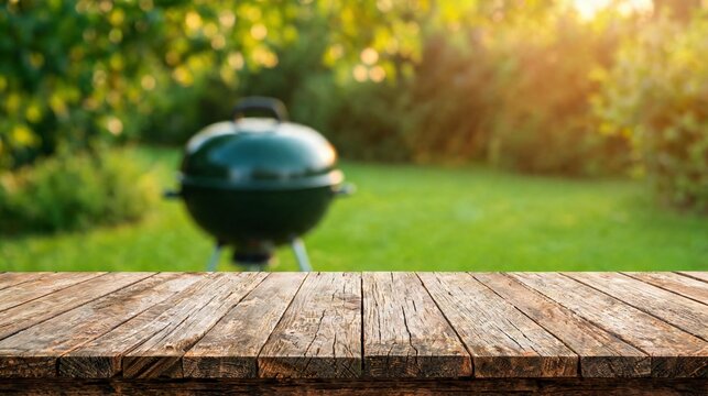 Empty wooden table with blurred background of barbecue grill in garden