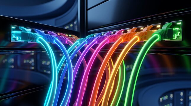 Close up view of glowing multi colored ethernet patch cables connected to enterprise network switch in dark server room environment representing advanced cloud computing infrastructure