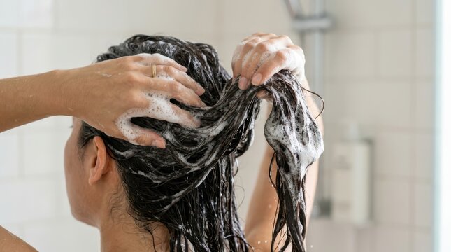 A woman washing her long dark hair with shampoo in the shower, creating a rich lather