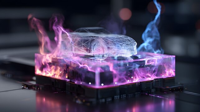 Wireframe Car Hologram Floating Above Cryogenic Liquid Nitrogen Cooling High Bandwidth Memory Server Chip with Vapor Smoke Effects