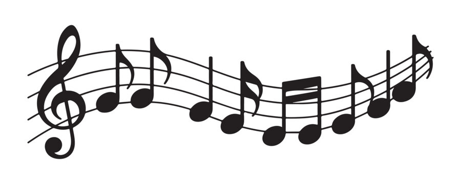 Curved music staff with floating musical notes and treble clef for expressive rhythm composition.