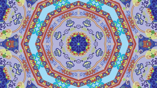 Vibrant symmetrical kaleidoscope pattern with red, blue, and green floral mandala motifs in continuous rotation