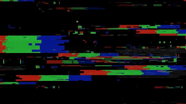 Digital glitch distortion effect with colorful horizontal noise lines on black background screen malfunction