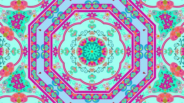 Vibrant animated kaleidoscopic mandala pattern with floral motifs and symmetrical geometric layers