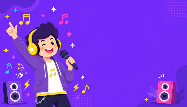 Cute music vector background illustration with a young boy singing into a microphone