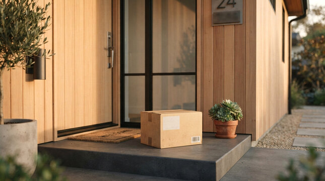 Cardboard package box delivered safely on the doorstep of a modern home entrance