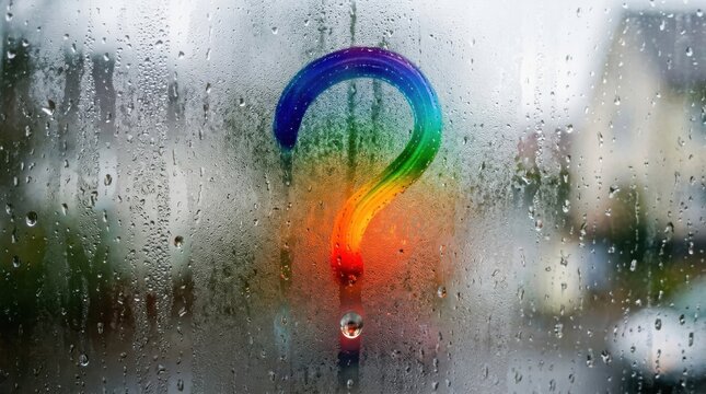 Rainbow colored question mark drawn on a foggy window pane with water droplets