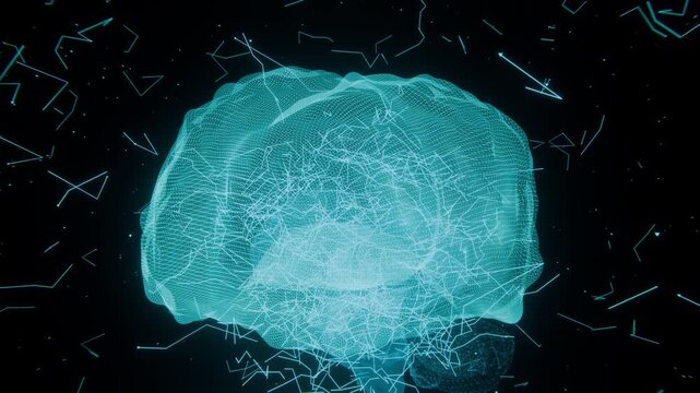 A cyan AI network blooms through a wireframe brain, its glowing nodes defining a hologram; the AI brain becomes a futuristic digital network of branching light over black backdrop.