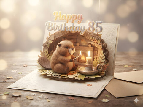 Happy 85th Birthday card pop up style with beaver