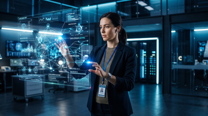 Fototapeta premium Female tech engineer interacting with futuristic AI holographic touchscreen interface in data center