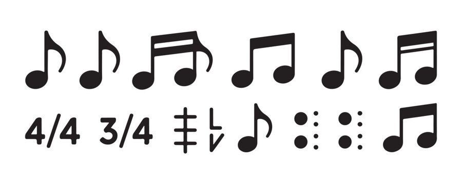 Black music notes and time signatures vector illustration for musical composition and rhythm concept.