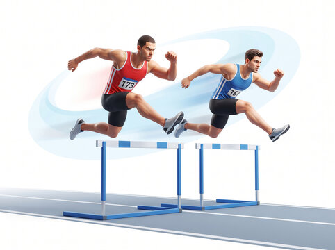 Two athletic sprinters jumping over hurdles on a running track