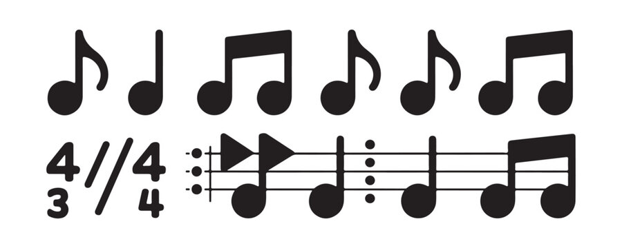 Black music notes and time signatures vector illustration for melody composition and rhythm design.