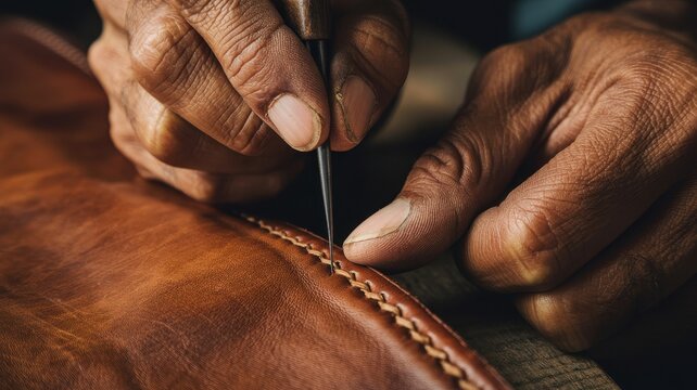 An artisan craftsman uses an awl to pierce thick brown leather for hand stitching in a workshop. Ideal imagery for traditional leathercraft and artisan manufacturing concepts.