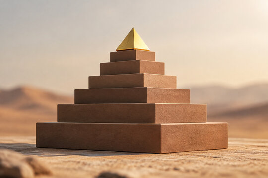 Stepped pyramid of brown blocks with a golden triangle, in desert light.