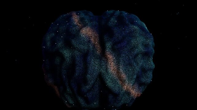 An isolated abstract brain of copper ridges floats on black, with blue particles tracing its cortex; the brain becomes an AI abstract digital form, a futuristic texture of subtle contour motion.