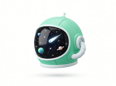 Cute mint green astronaut helmet showing outer space inside the glass
