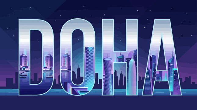 A flat design vector illustration of "Doha" in sleek, futuristic typography, featuring reflections of its ultra-modern skyline within the letters. 